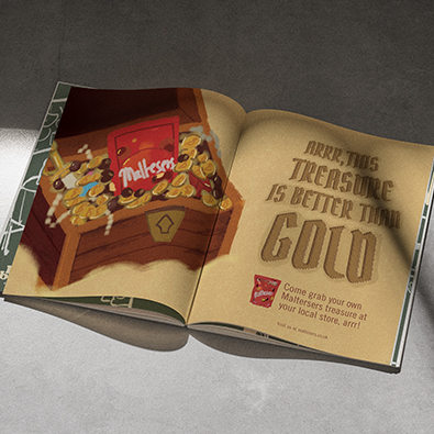 mockup of magazine with chest treasure filled with maltesers